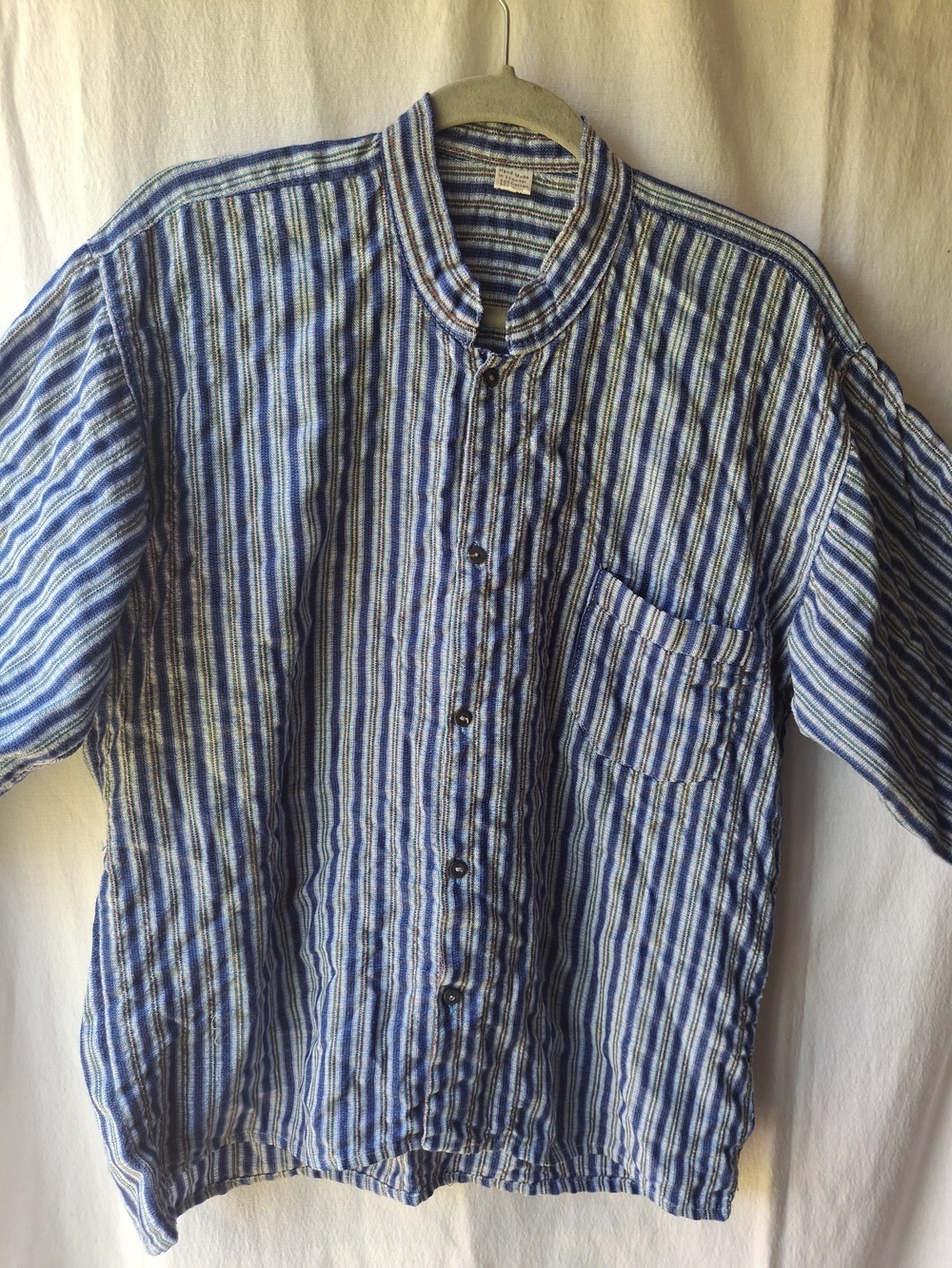 Handmade Striped Blue Casual Button-Down Shirt with Stand Collar